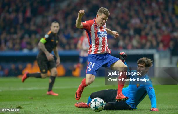 Kevin Gameiro of Atletico de Madrid hits the ball to score the second goal of his team during a match between Atletico Madrid and AS Roma as part of...