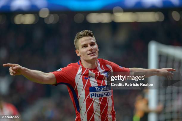 Kevin Gameiro of Atletico de Madrid celebrates after scoring the second goal of his team during a match between Atletico Madrid and AS Roma as part...