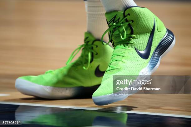 The sneakers of Karl-Anthony Towns of the Minnesota Timberwolves during the game against the Orlando Magic on November 22, 2017 at Target Center in...