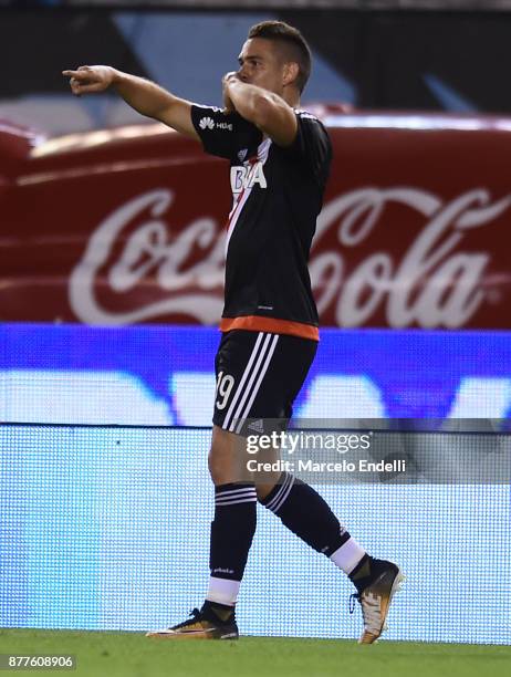 Rafael Santos Borre of River Plate celebrates after scoring the first goal of his team during a match between River and Union as part of Superliga...