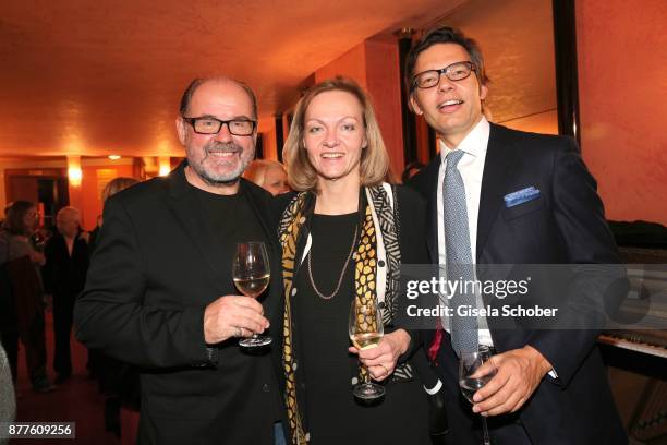 August Schmoelzer, Dr. Daniela Majer and Dr. Lukas Zeinler during the 'Josef und Maria' premiere at "Komoedie" theatre on November 22, 2017 in...