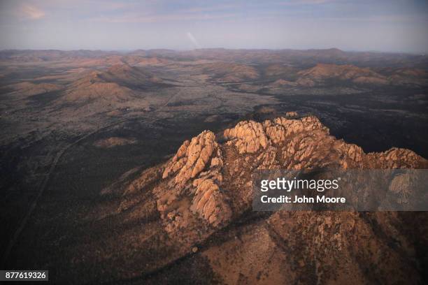 Rugged terrain stretches through the Big Bend area of west Texas, as seen from a Customs and Border Protection , helicopter on November 22, 2017 near...