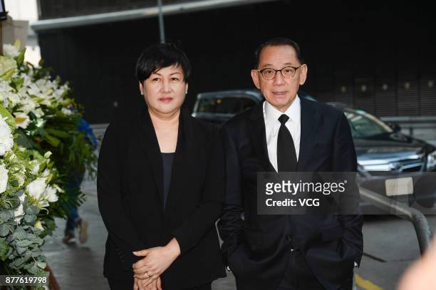 Emperor Group Chairman Albert Yeung and his wife arrive at the mourning hall of film producer/talent manager Willie Chan Chi-Keung on November 22,...