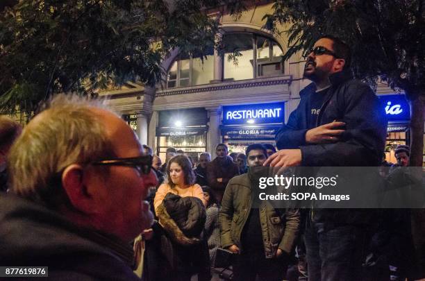 Taxi driver demonstrator seen giving a speech during a protest against the VTC licenses. About 100 taxi drivers have cut off traffic at Via Laietana...