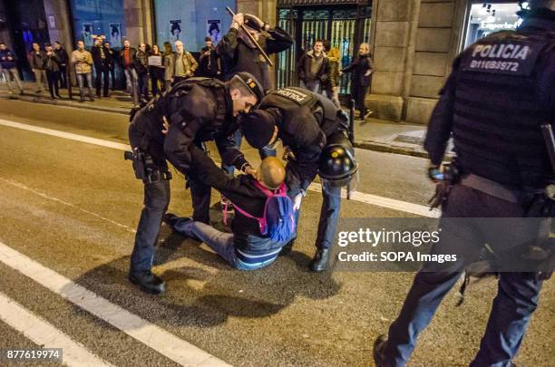 Taxi driver demonstrator seen been removed by the police during a protest against the VTC licenses. About 100 taxi drivers have cut off traffic at...