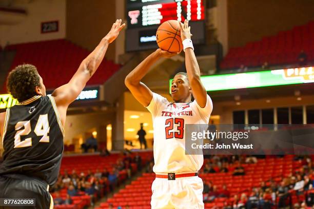Jarrett Culver of the Texas Tech Red Raiders shoots a jump shot over Keve Aluma of the Wofford Terriers during the game on November 22, 2017 at...