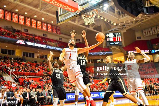 Brandone Francis of the Texas Tech Red Raiders drives to the basket during the game against the Wofford Terriers on November 22, 2017 at United...