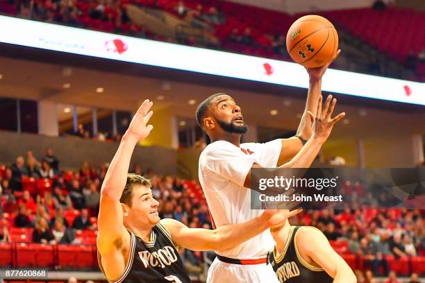 Niem Stevenson of the Texas Tech Red Raiders drives to the basket during the game against the Wofford Terriers on November 22, 2017 at United...