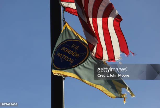 Border Patrol flag hangs in front of the sector office in the Big Bend area of west Texas on November 22, 2017 near Van Horn, Texas. Federal agents...