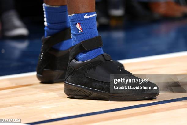 The sneakers of Terrence Ross of the Orlando Magic during the game against the Minnesota Timberwolves on November 22, 2017 at Target Center in...