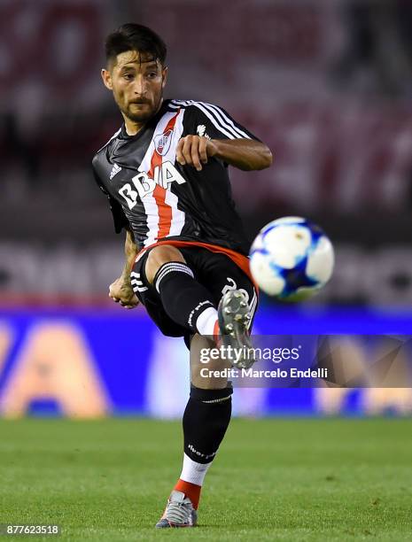 Milton Casco of River Plate kicks the ball during a match between River and Union as part of Superliga 2017/18 at Monumental Stadium on November 22,...