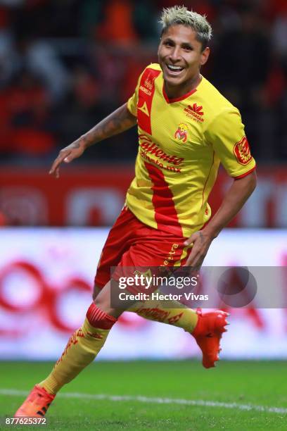 Raul Ruidiaz of Morelia celebrates after scoring the first goal of his team during a match between Toluca and Morelia as part of the Torneo Apertura...