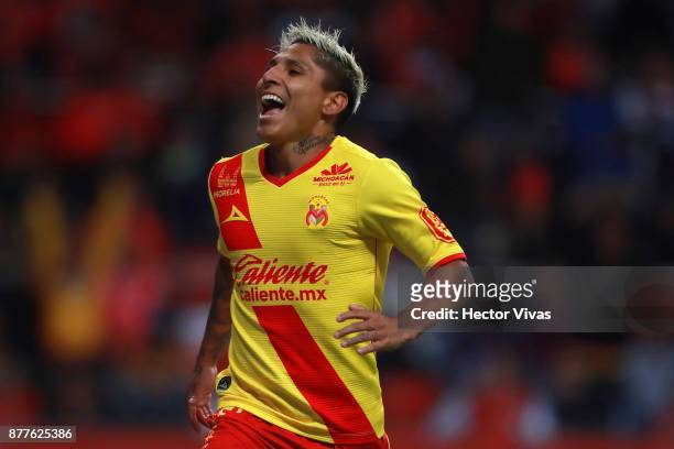 Raul Ruidiaz of Morelia celebrates after scoring the first goal of his team during a match between Toluca and Morelia as part of the Torneo Apertura...