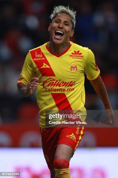 Raul Ruidiaz of Morelia celebrates after scoring the first goal of his team during a match between Toluca and Morelia as part of the Torneo Apertura...