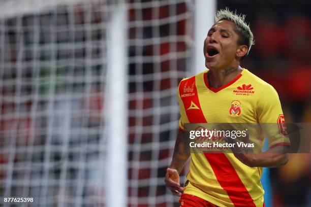 Raul Ruidiaz of Morelia celebrates after scoring the first goal of his team during a match between Toluca and Morelia as part of the Torneo Apertura...