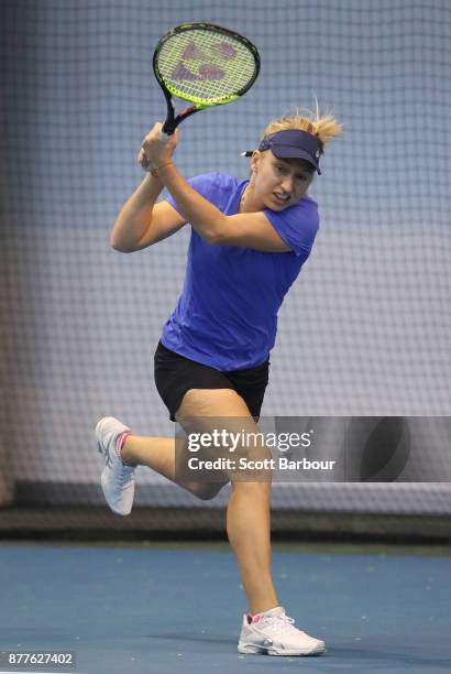 Daria Gavrilova plays a shot during a training session ahead of next Monday's Newcombe Medal, at Melbourne Park on November 23, 2017 in Melbourne,...