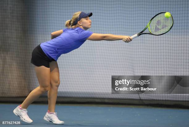 Daria Gavrilova plays a shot during a training session ahead of next Monday's Newcombe Medal, at Melbourne Park on November 23, 2017 in Melbourne,...