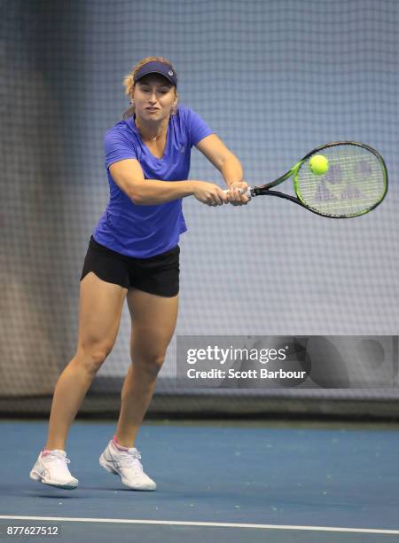 Daria Gavrilova plays a shot during a training session ahead of next Monday's Newcombe Medal, at Melbourne Park on November 23, 2017 in Melbourne,...