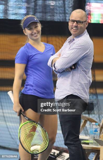 Daria Gavrilova and her manager Paul Kilderry look on during a training session ahead of next Monday's Newcombe Medal, at Melbourne Park on November...