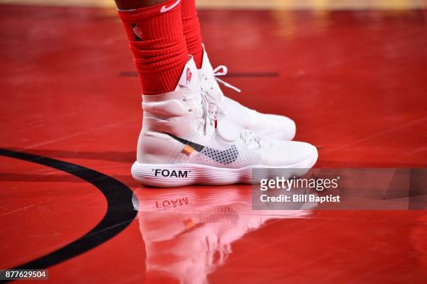 The sneakers of PJ Tucker of the Houston Rockets are seen during the game against the Denver Nuggets on November 22, 2017 at the Toyota Center in...