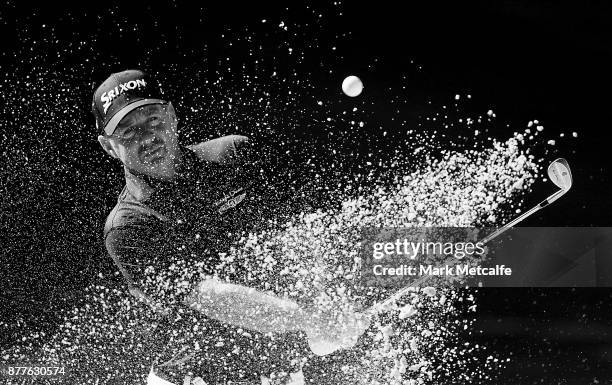 Rod Pampling of Australia plays a bunker shot on the 14th hole during day one of the 2017 Australia Golf Open at The Australia Golf Club on November...