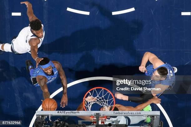 Terrence Ross of the Orlando Magic goes for a lay up against the Minnesota Timberwolves on November 22, 2017 at Target Center in Minneapolis,...