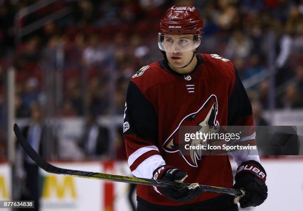Arizona Coyotes defenseman Luke Schenn prepares for a face-off during the NHL hockey games between the San Jose Sharks and the Arizona Coyotes on...