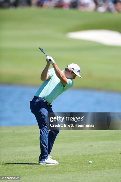 Cameron Smith of Australia hits an approach shot on the 9th hole during day one of the 2017 Australia Golf Open at The Australia Golf Club on...