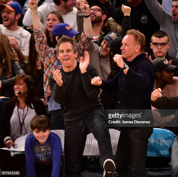 Quinlin Stiller, Ben Stiller and Sting attend the Toronto Raptors Vs New York Knicks game at Madison Square Garden on November 22, 2017 in New York...