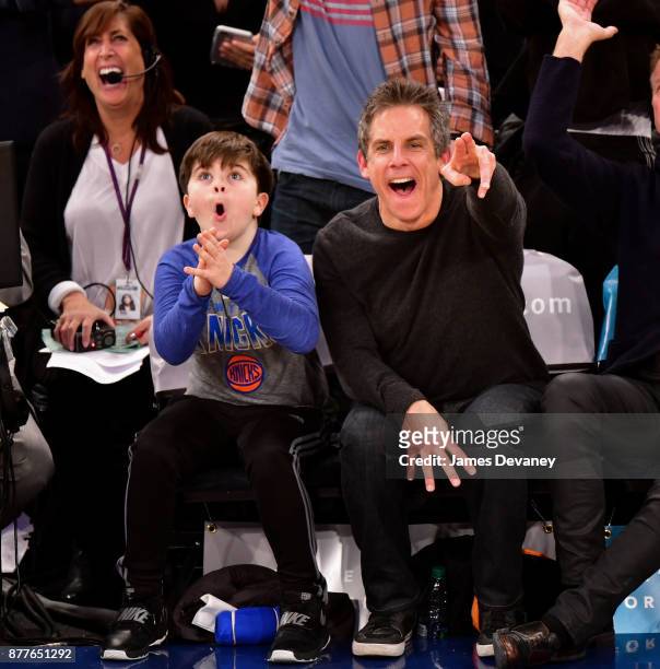 Quinlin Stiller and Ben Stiller attend the Toronto Raptors Vs New York Knicks game at Madison Square Garden on November 22, 2017 in New York City.