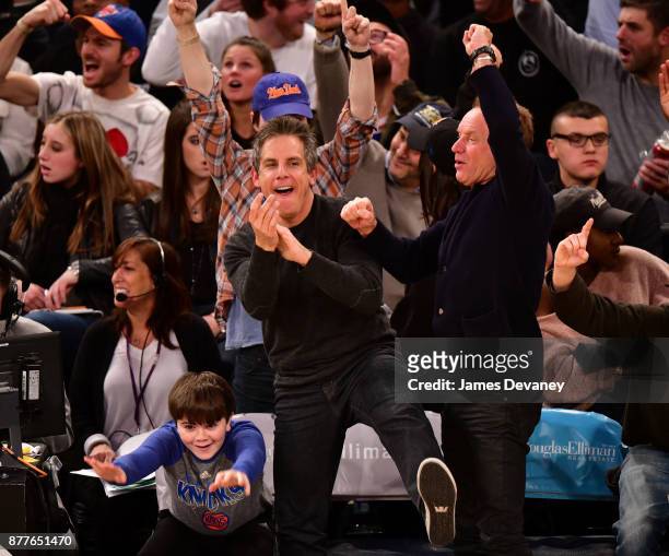 Quinlin Stiller, Ben Stiller and Sting attend the Toronto Raptors Vs New York Knicks game at Madison Square Garden on November 22, 2017 in New York...