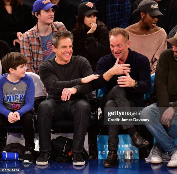 Quinlin Stiller, Ben Stiller and Sting attend the Toronto Raptors Vs New York Knicks game at Madison Square Garden on November 22, 2017 in New York...