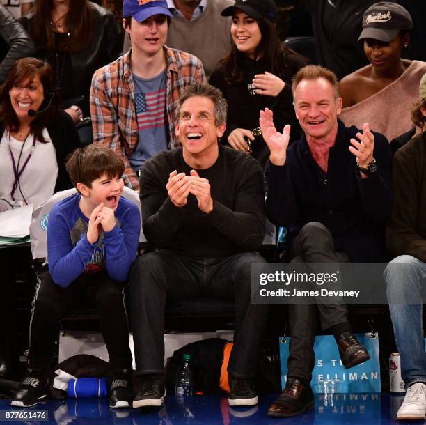 Quinlin Stiller, Ben Stiller and Sting attend the Toronto Raptors Vs New York Knicks game at Madison Square Garden on November 22, 2017 in New York...