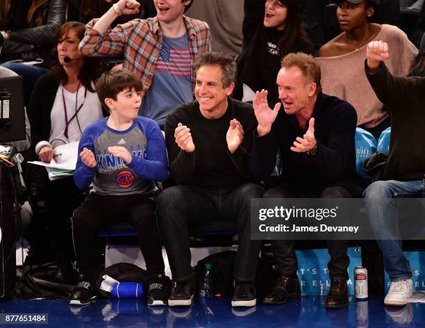 Quinlin Stiller, Ben Stiller and Sting attend the Toronto Raptors Vs New York Knicks game at Madison Square Garden on November 22, 2017 in New York...