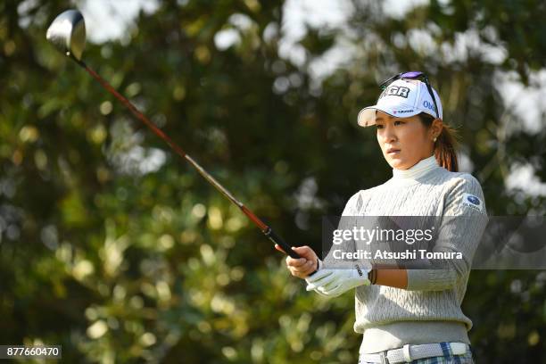 Asako Fujimoto of Japan lines up her tee shot on the 3rd hole during the first round of the LPGA Tour Championship Ricoh Cup 2017 at the Miyazaki...