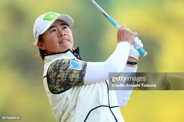 Sattaya of Thailand hits her second shot on the 1st hole during the first round of the LPGA Tour Championship Ricoh Cup 2017 at the Miyazaki Country...