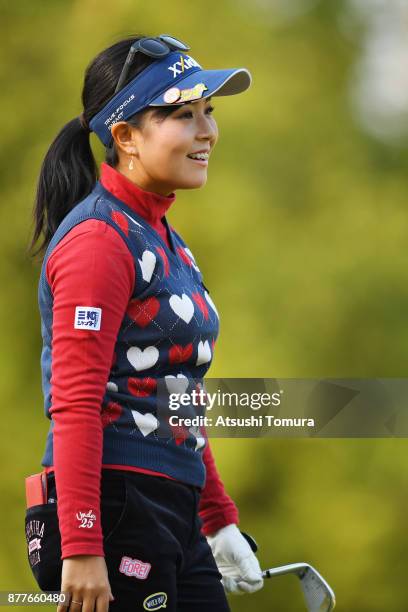 Serena Aoki of Japan smiles during the first round of the LPGA Tour Championship Ricoh Cup 2017 at the Miyazaki Country Club on November 23, 2017 in...