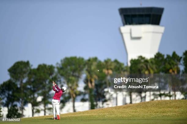 Kana Nagai of Japan hits her second shot on the 2nd hole during the first round of the LPGA Tour Championship Ricoh Cup 2017 at the Miyazaki Country...