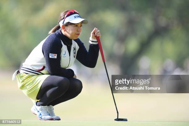 Yumiko Yoshida of Japan lines up her putt on the 1st hole during the first round of the LPGA Tour Championship Ricoh Cup 2017 at the Miyazaki Country...