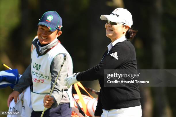 Min-Young Lee of South Korea smiles after making her birdie putt in the 5th hole during the first round of the LPGA Tour Championship Ricoh Cup 2017...