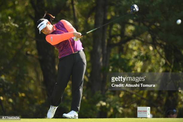 Fumika Kagishi of Japan hits her tee shot on the 4th hole during the first round of the LPGA Tour Championship Ricoh Cup 2017 at the Miyazaki Country...