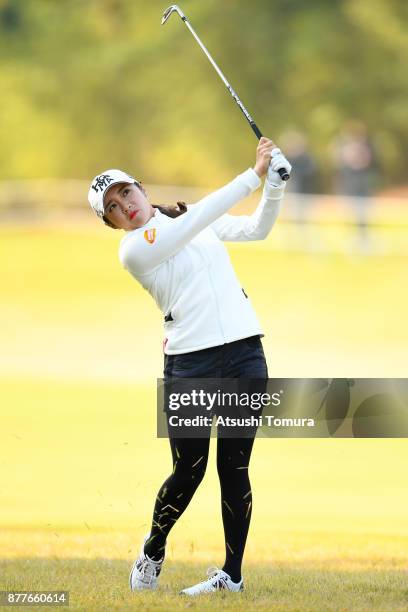 Bo-Mee Lee of South Korea hits her second shot on the 1st hole during the first round of the LPGA Tour Championship Ricoh Cup 2017 at the Miyazaki...