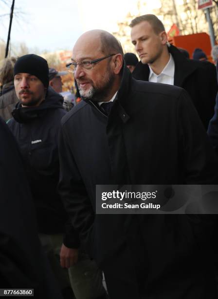 Martin Schulz, Chairman of the German Social Democrats , departs after speaking at a rally of protesting Siemens workers in front of the Estrel Hotel...