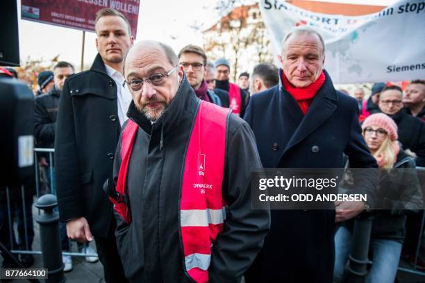 Leader of the German Social Democrats Party Martin Schulz arrives to address protesting Siemens workers from the IG Metal union in Berlin on November...