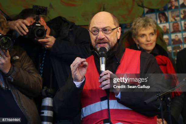 Martin Schulz, Chairman of the German Social Democrats , speaks at a rally of protesting Siemens workers in front of the Estrel Hotel on November 23,...