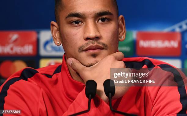 Paris Saint-Germain's French goalkeeper Alphonse Areola gives a press conference at the Parc des Princes stadium in Paris on November 21 on the eve...