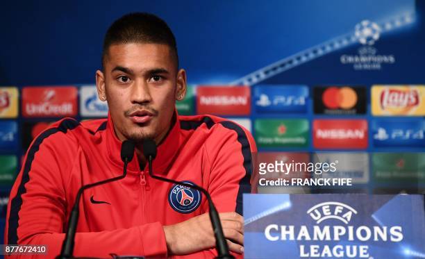 Paris Saint-Germain's French goalkeeper Alphonse Areola gives a press conference at the Parc des Princes stadium in Paris on November 21 on the eve...