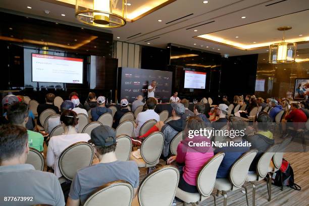 Announcer Paul kaye speaks during a pro athlete conference for IRONMAN 70.3 Middle East Championship Bahrain at the Four Seasons Hotel on November...
