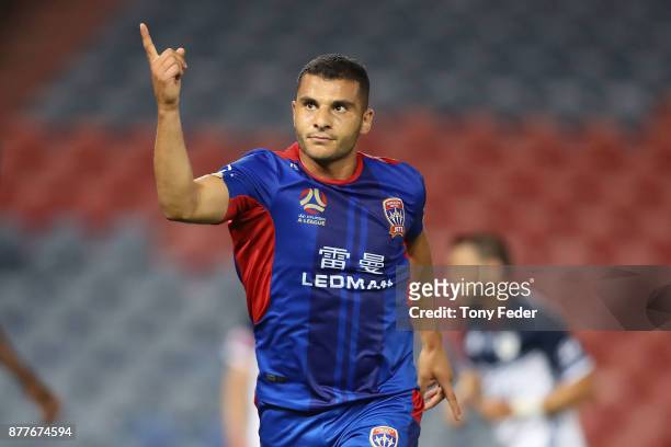 Andrew Nabbout of the Jets celebrates a goal during the round eight A-League match between the Newcastle Jets and the Melbourne Victory at McDonald...