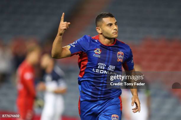 Andrew Nabbout of the Jets celebrates a goal during the round eight A-League match between the Newcastle Jets and the Melbourne Victory at McDonald...